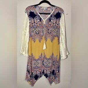 Boho Paisley Maxi Dress with Cream Lace Sleeves - Mustard & Navy